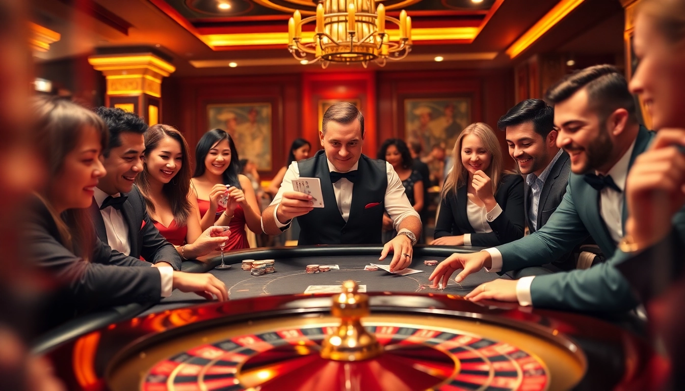 Go99 players enjoy high-stakes blackjack with poker chips and roulette wheels in a vibrant casino setting.